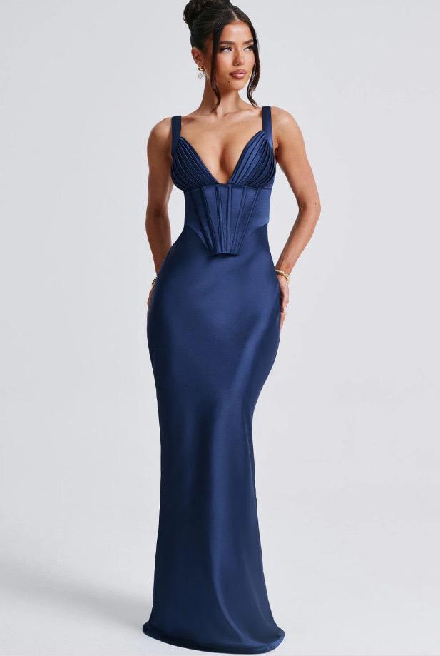 Navy Desire Dress: Structured Corset, Satin Bodycon Maxi Gown S