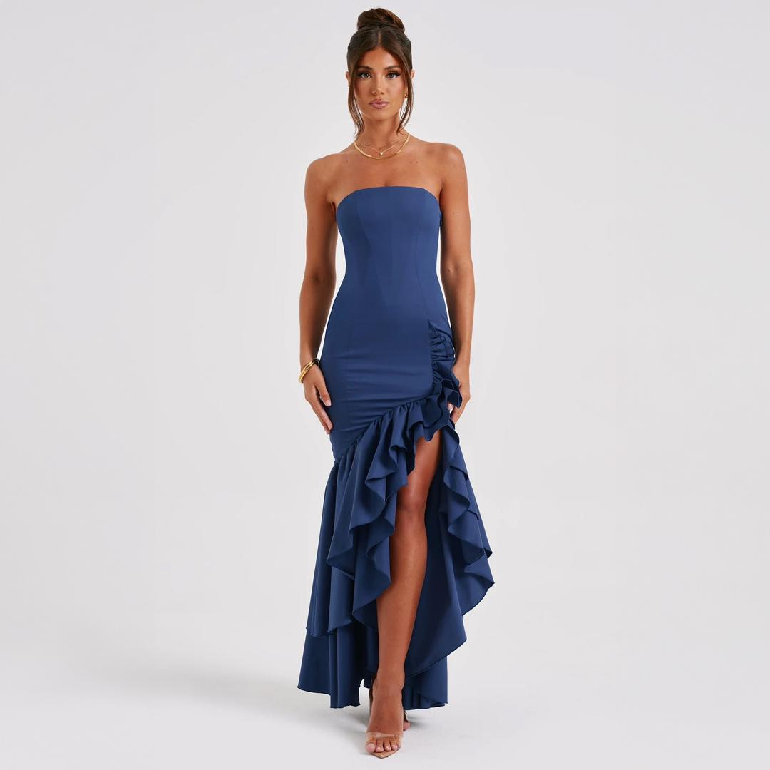 midnight mermaid dress Midnight Kiss Dress: Strapless Navy Mermaid Gown with Ruffle & Thigh Slit M