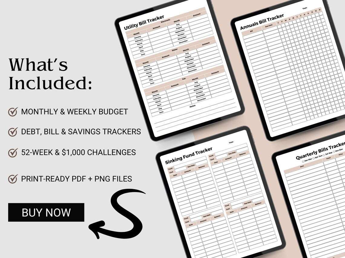 Budgetplannerbundel (PDF + PNG) – Afdrukbare Maandplanner, Spaartracker & Financiële Organisator