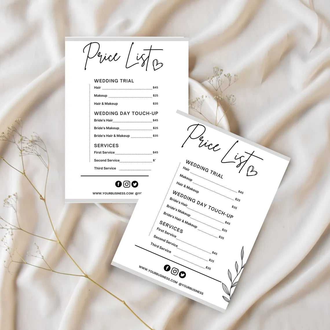 Bewerkbare prijslijst sjabloon in PDF, printbaar service menu voor stylisten en beauty experts van SOUTHWEST UNLIMITED.