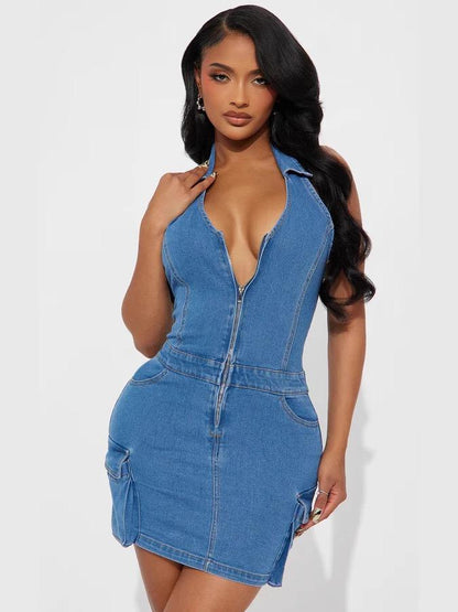 Urban Blues Dress by SOUTHWEST UNLIMITED features a flowing silhouette with a vibrant blue pattern and short sleeves.