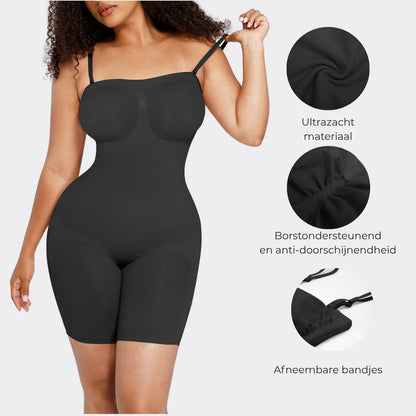 SOUTHWEST UNLIMITED hourglass strapless bodysuit in sleek black, featuring a fitted silhouette and smooth fabric texture.