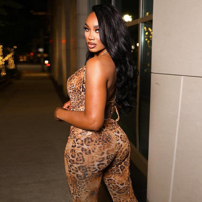 Wild Elegance leopard print two-piece set by SOUTHWEST UNLIMITED featuring a stylish top and matching bottoms.