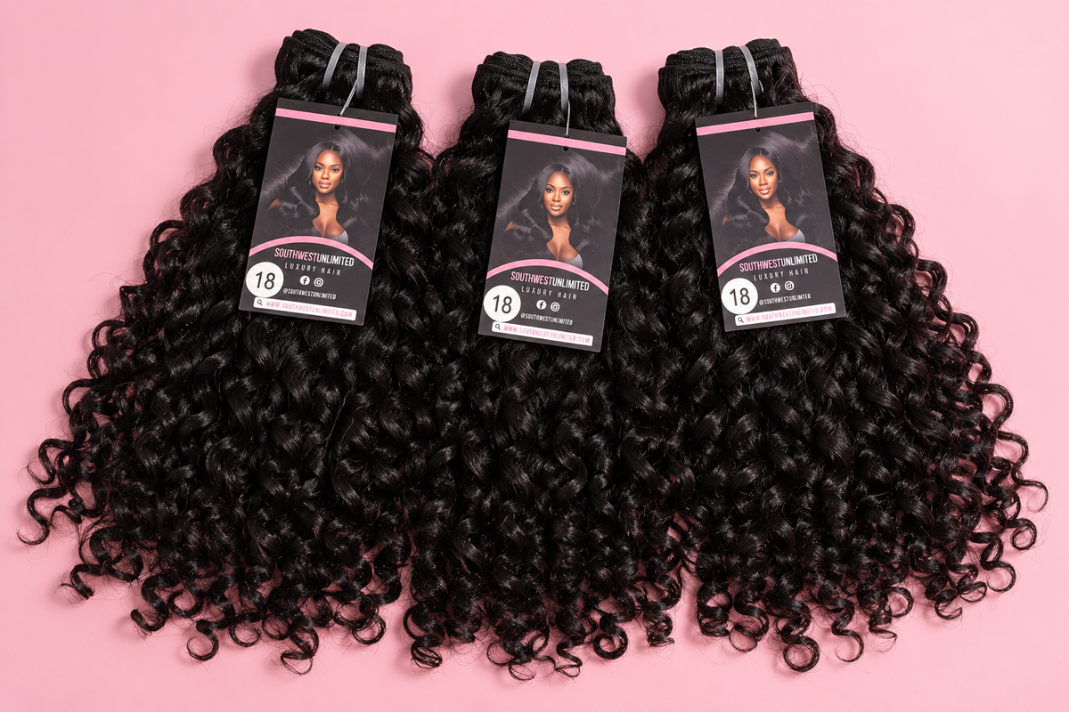 Three bundles of black curly hair extensions displayed on a pink background with product tags.