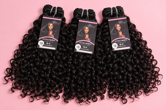 Three bundles of black curly hair extensions displayed on a pink background with product tags.