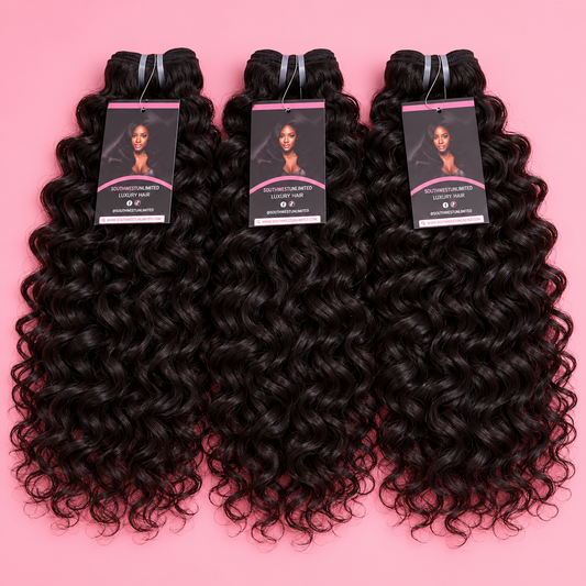 Three bundles of long black wavy Cambodian hair extensions with product tags on a pink background