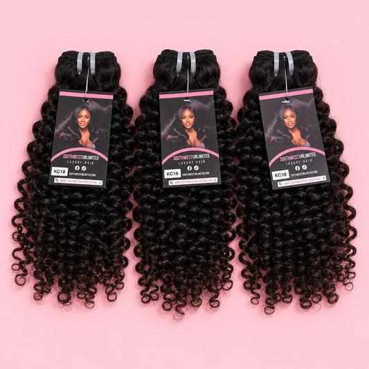 Three bundles of black kinky curly hair extensions with product tags, shown on a pink background