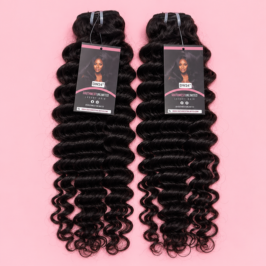Two black deep wave hair bundles with wavy texture and product tags on a pink background