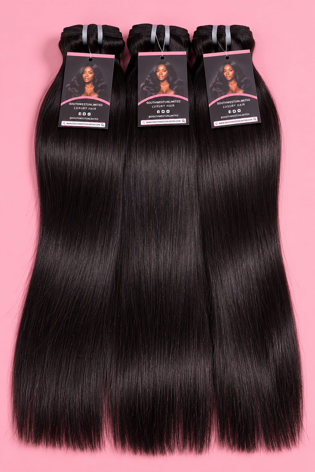 Three black straight hair bundles with labels, shown on a pink background.