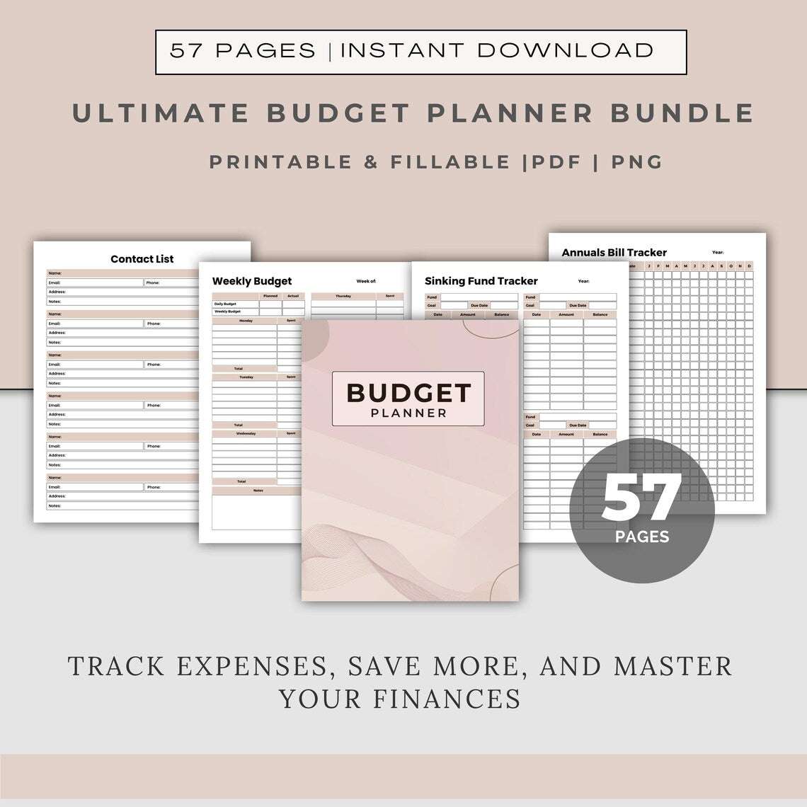 Budgetplannerbundel (PDF + PNG) – Afdrukbare Maandplanner, Spaartracker & Financiële Organisator