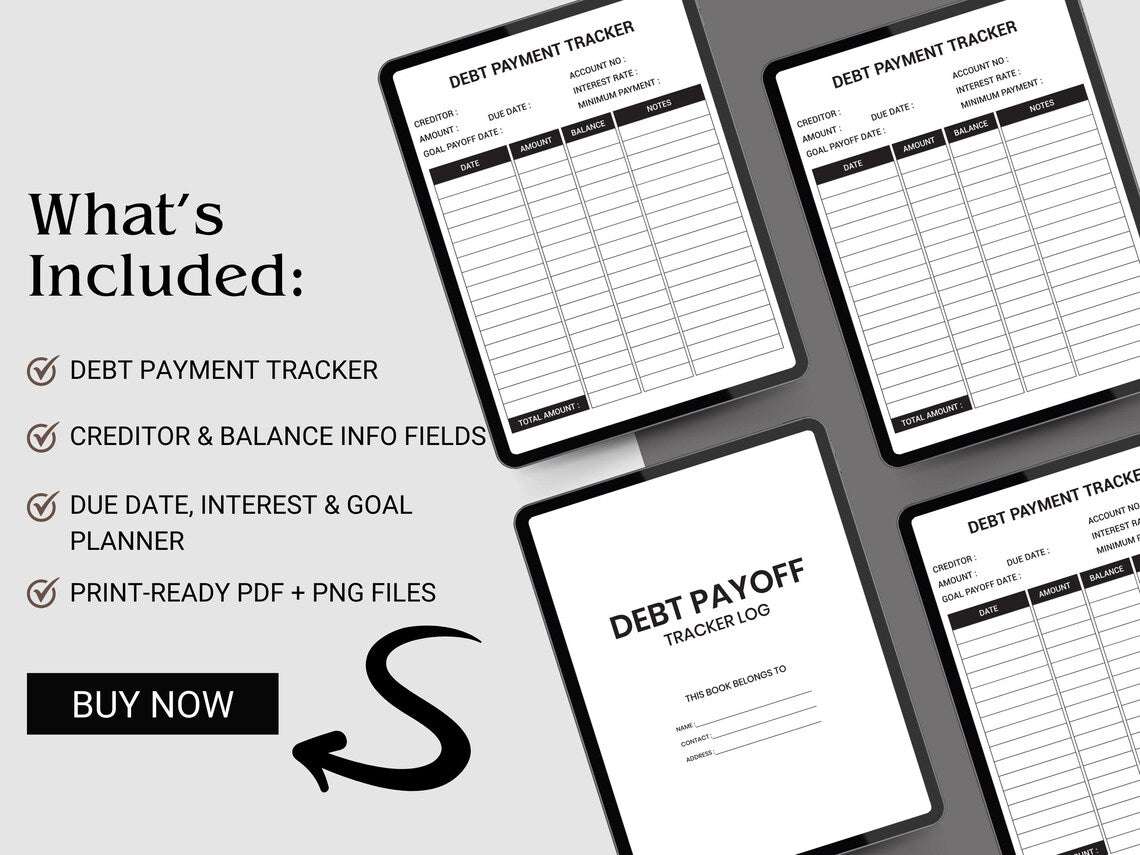 Afdrukbare Schuldafbetalingstracker (PDF + PNG) – Budgetwerkblad voor Saldo, Rente & Vervaldatums